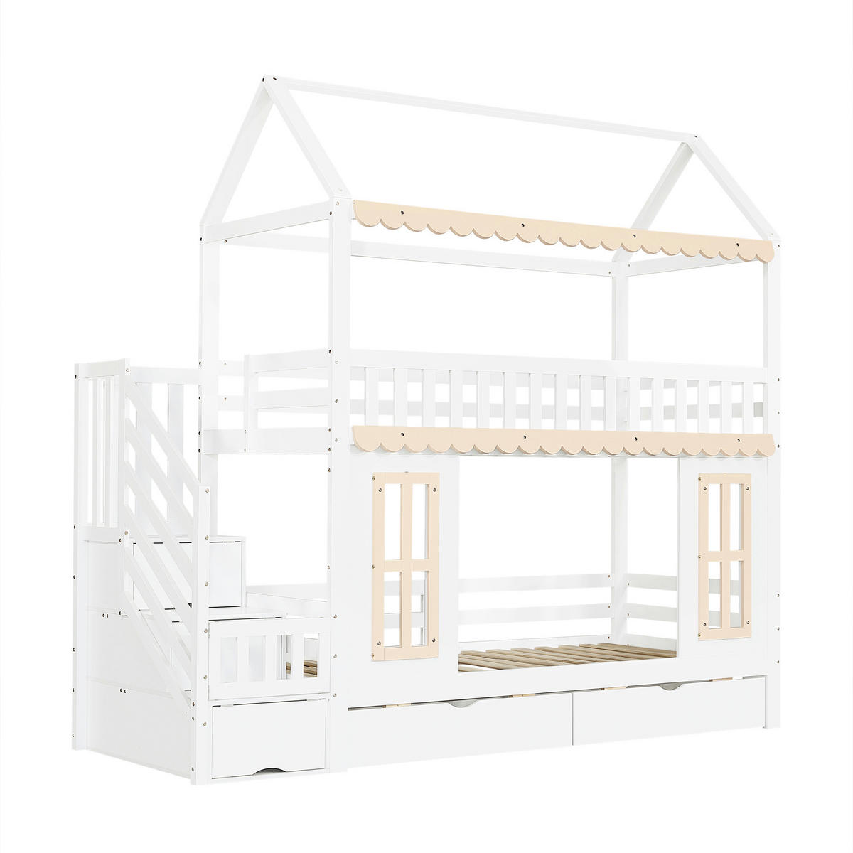 ETAGENBETT 90/200 cm in Weiß & Natur mit 2 Schubladen und Stauraumschrank - Weiß/Naturfarben, Holz/Holzwerkstoff (90/200cm) - CHICFURN