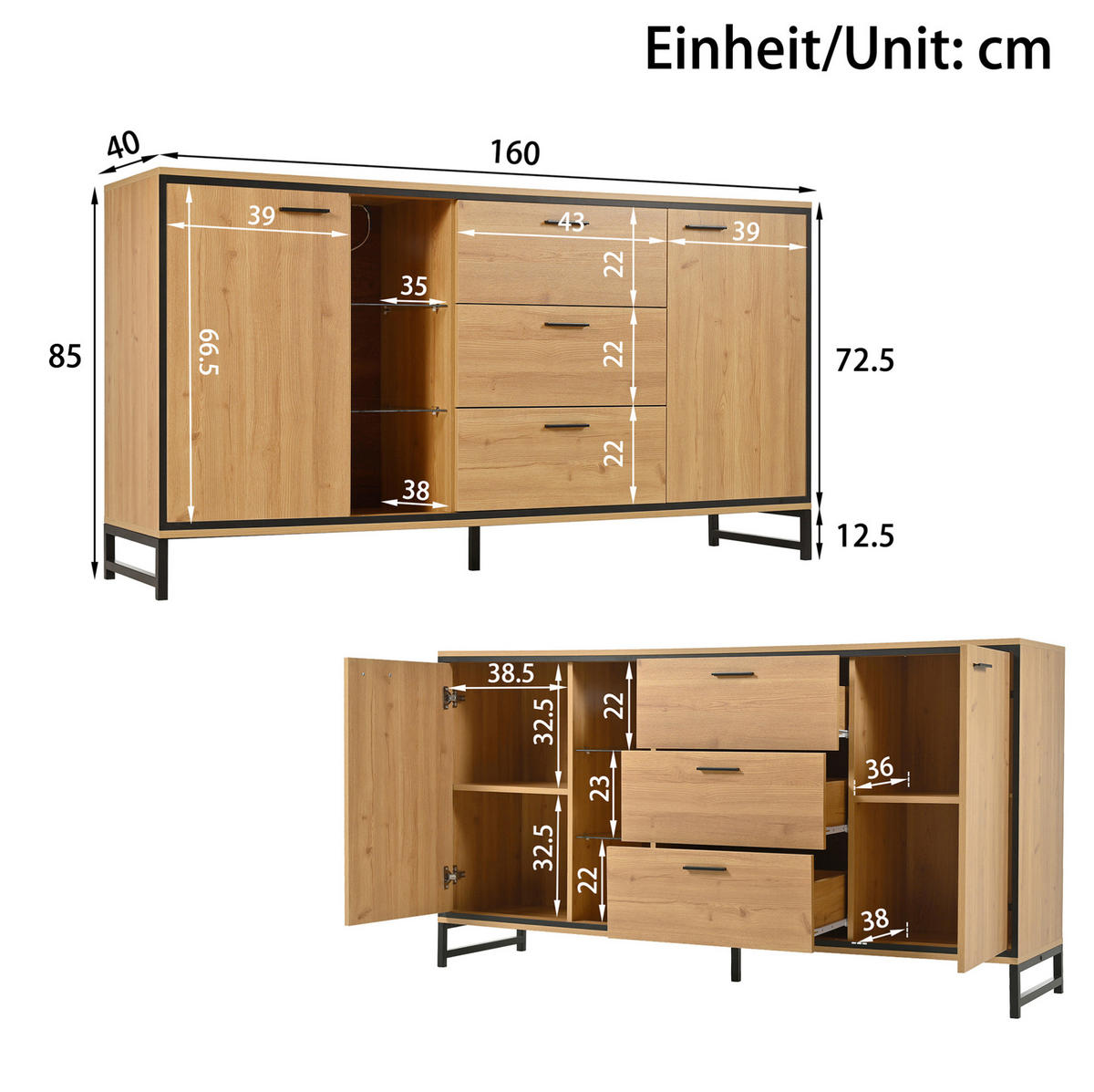 SIDEBOARD 160/40/85 cm aus Holzwerkstoff mit LED-Beleuchtung Natur/Schwarz - Naturfarben, Holzwerkstoff (160/85/40cm) - Modenvie