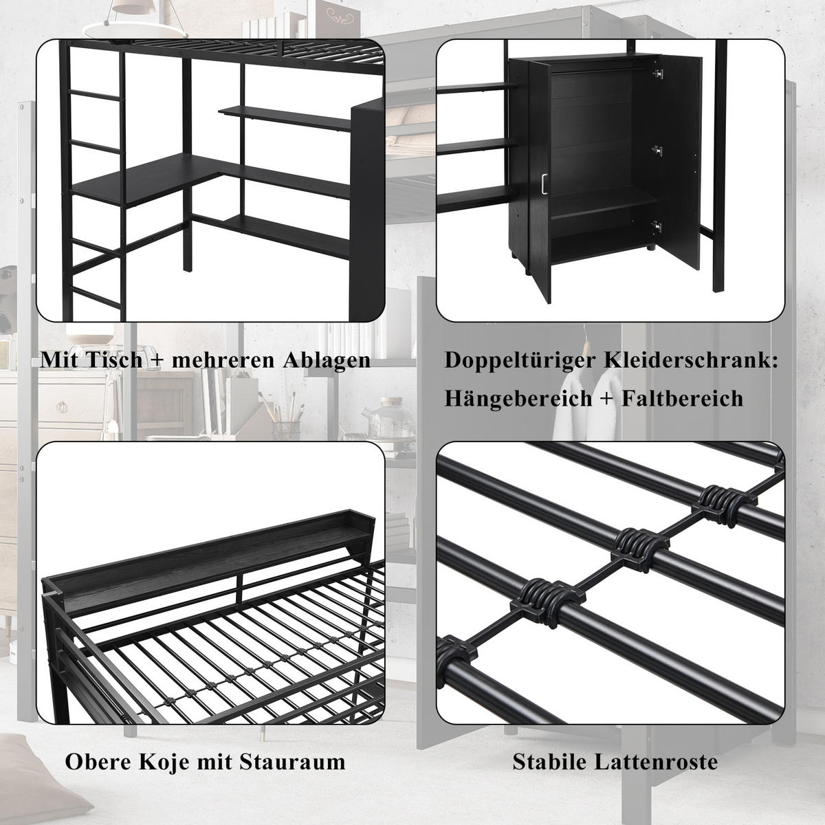 PATROVÁ postel 90/200 cm černá z kovu a dřeva s psacím stolem, šatní skříní a úložným prostorem - bílá, kov (90/200cm) - OKWISH