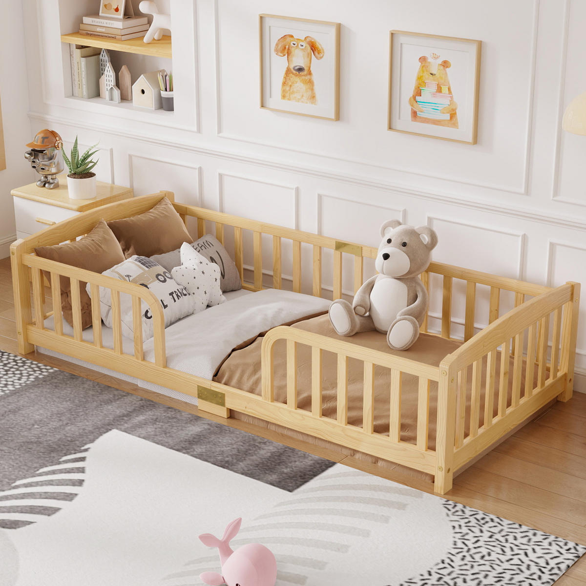 BODENBETT 90/200 cm DE-32892 mit Sicherheitsgeländer Naturholz - Naturfarben, Holz (90/200cm) - ComfortXL