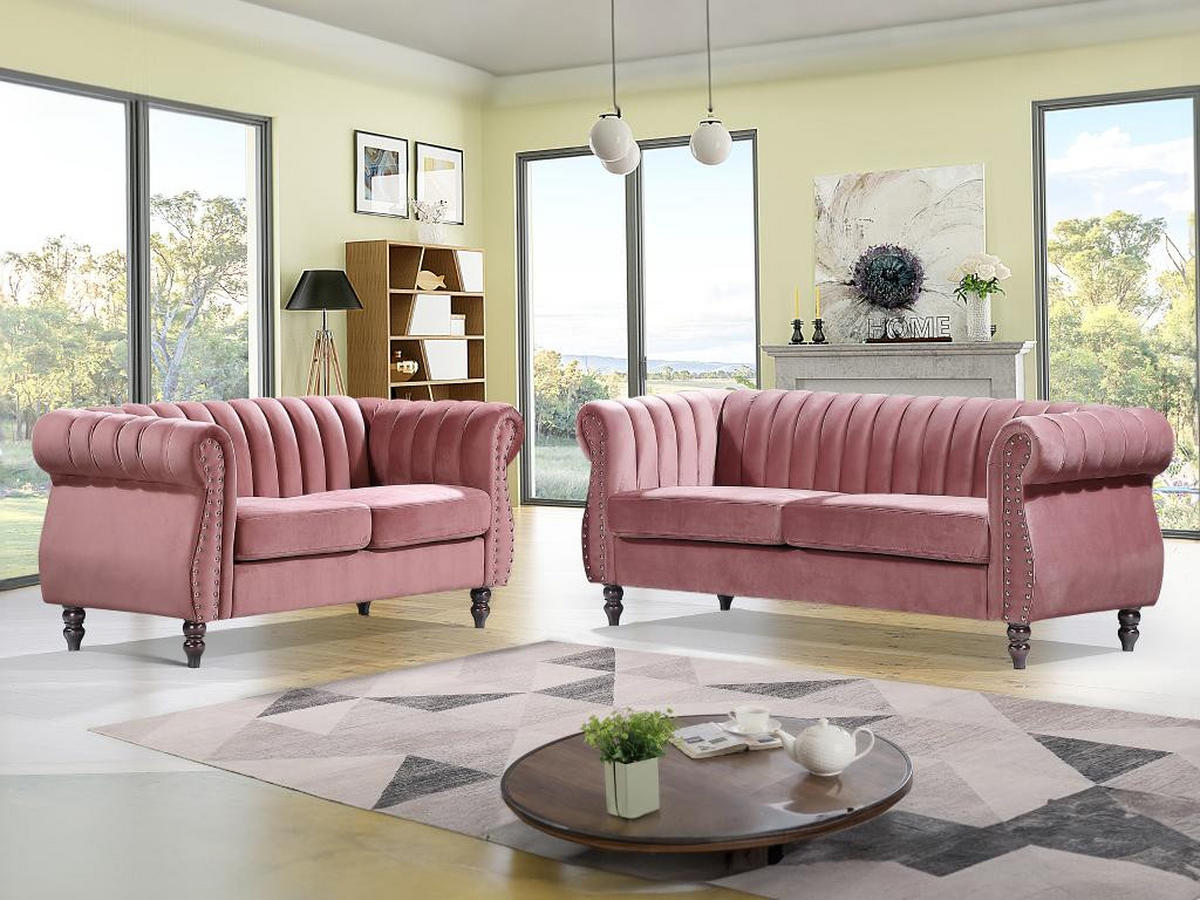 CHESTERFIELD-SOFAGARNITUR - 3-Sitzer & 2-Sitzer - Samt - Altrosa - TRUMBO - Pink, Textil (78/77/195cm) - Vente-Unique