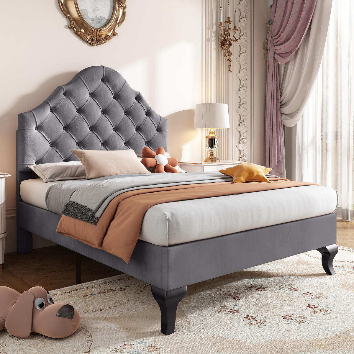 POLSTERBETT 90/200 cm grau mit höhenverstellbarem Kopfteil und Lattenrost - Grau, Textil (90/200cm) - OKWISH