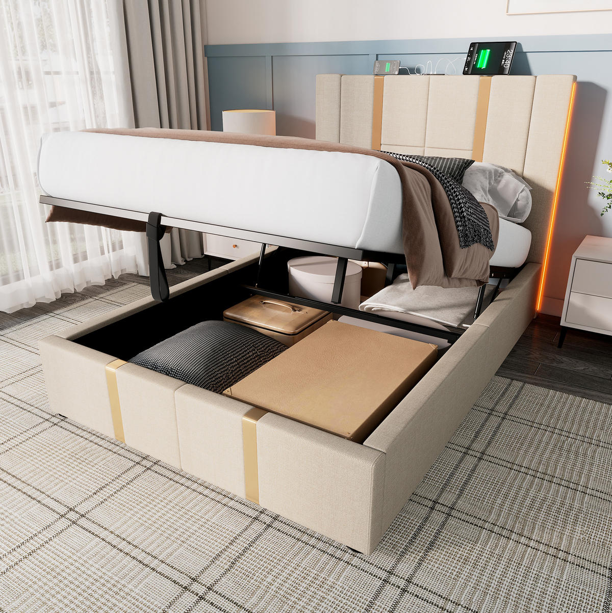 POLSTERBETT 90/200 cm Beige mit Stauraum, LED-Beleuchtung und USB-/Type-C-Anschlüssen - Beige, Textil (90/200cm) - Flora Grace