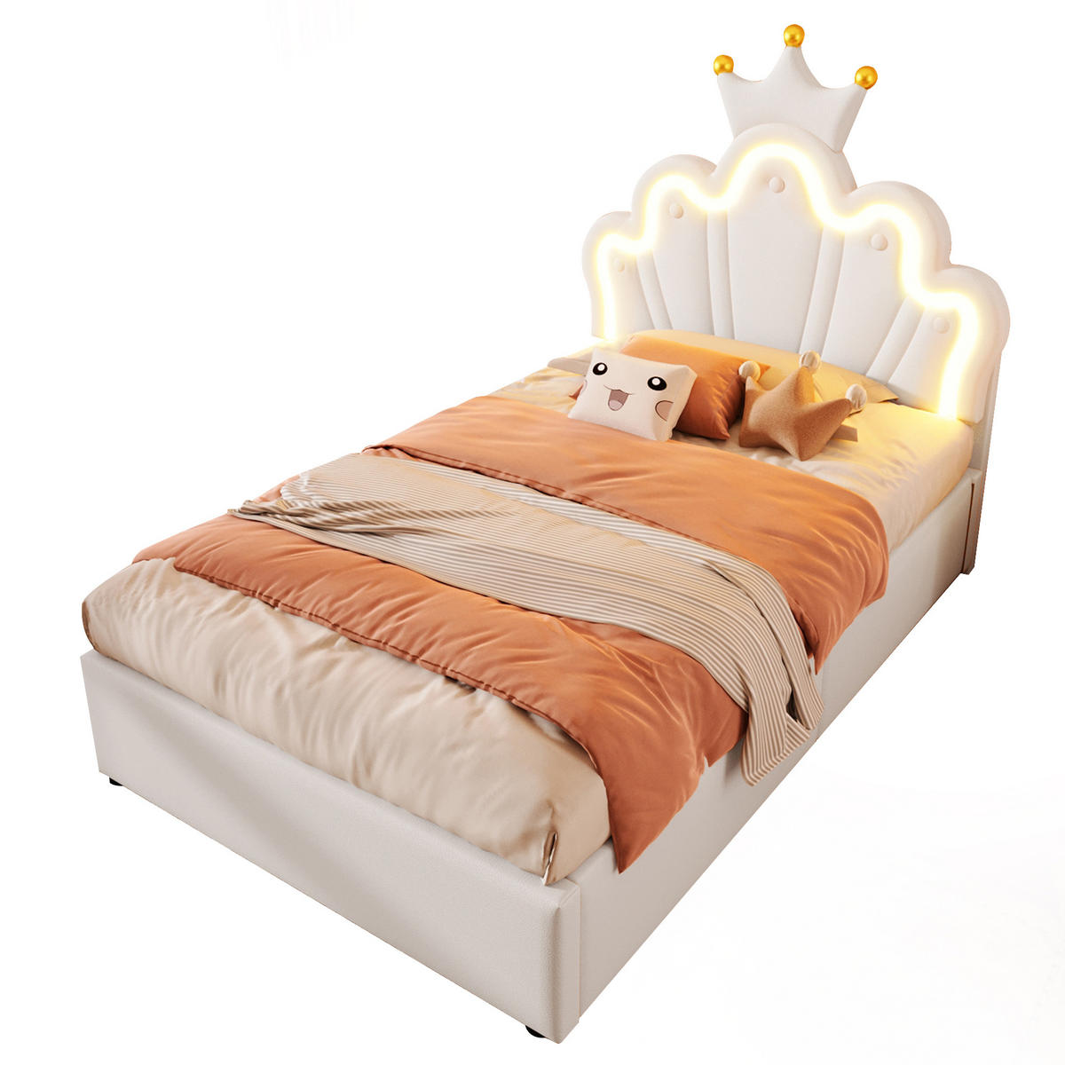 KINDERBETT 90/200 cm Weiß mit hydraulischem Hebemechanismus und LED-Lichtband - Weiß, Leder (90/200cm) - OKWISH