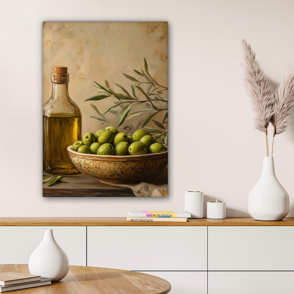 LEINWANDBILD Oliven - Stilleben - Vintage Wandbild Wohnzimmer 60x80 cm - Olivgrün, Textil (60/80cm) - MuchoWow