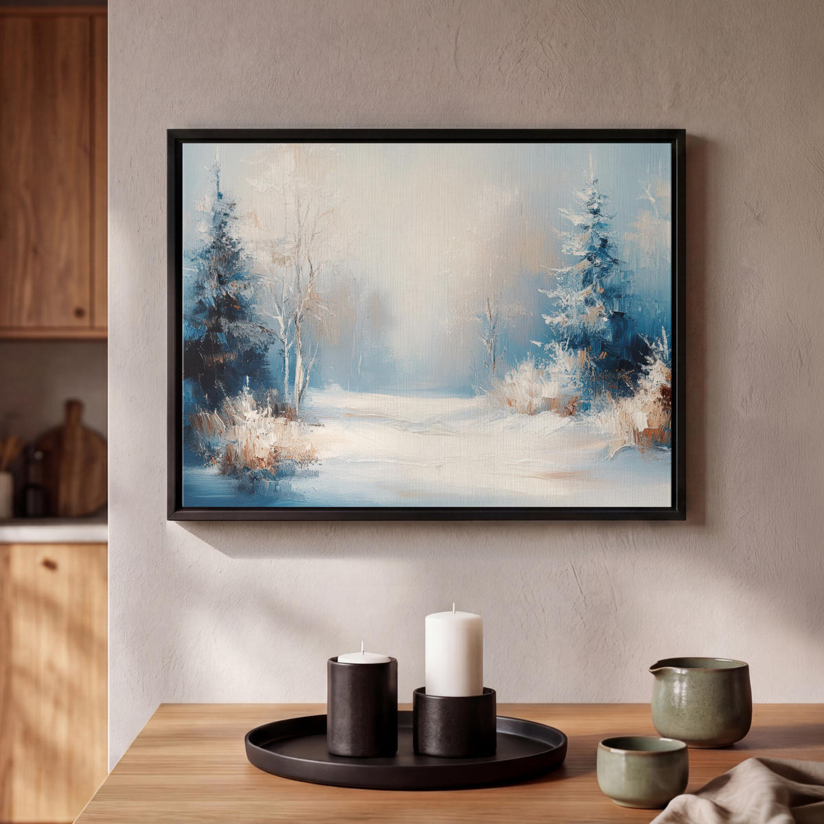 LEINWAND Bilder mit Rahmen - Wald – Winter – Natur – Abstrakt – Schnee - 40x30 - Weiß, Textil (40/30cm) - MuchoWow