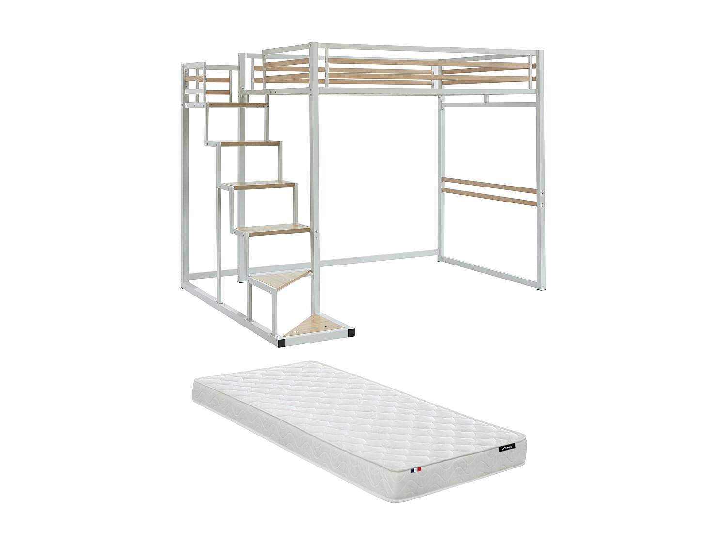 HOCHBETT mit Matratze - 140 x 200 cm - Metall & MDF - Weiß - JOGUI - Weiß/Naturfarben, Metall - Vente-Unique