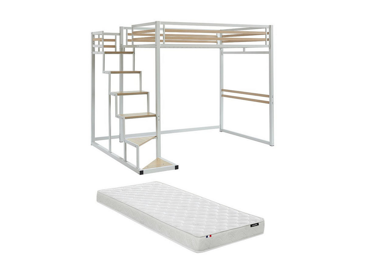 HOCHBETT mit Matratze - 140 x 200 cm - Metall & MDF - Weiß - JOGUI - Weiß/Naturfarben, Metall - Vente-Unique