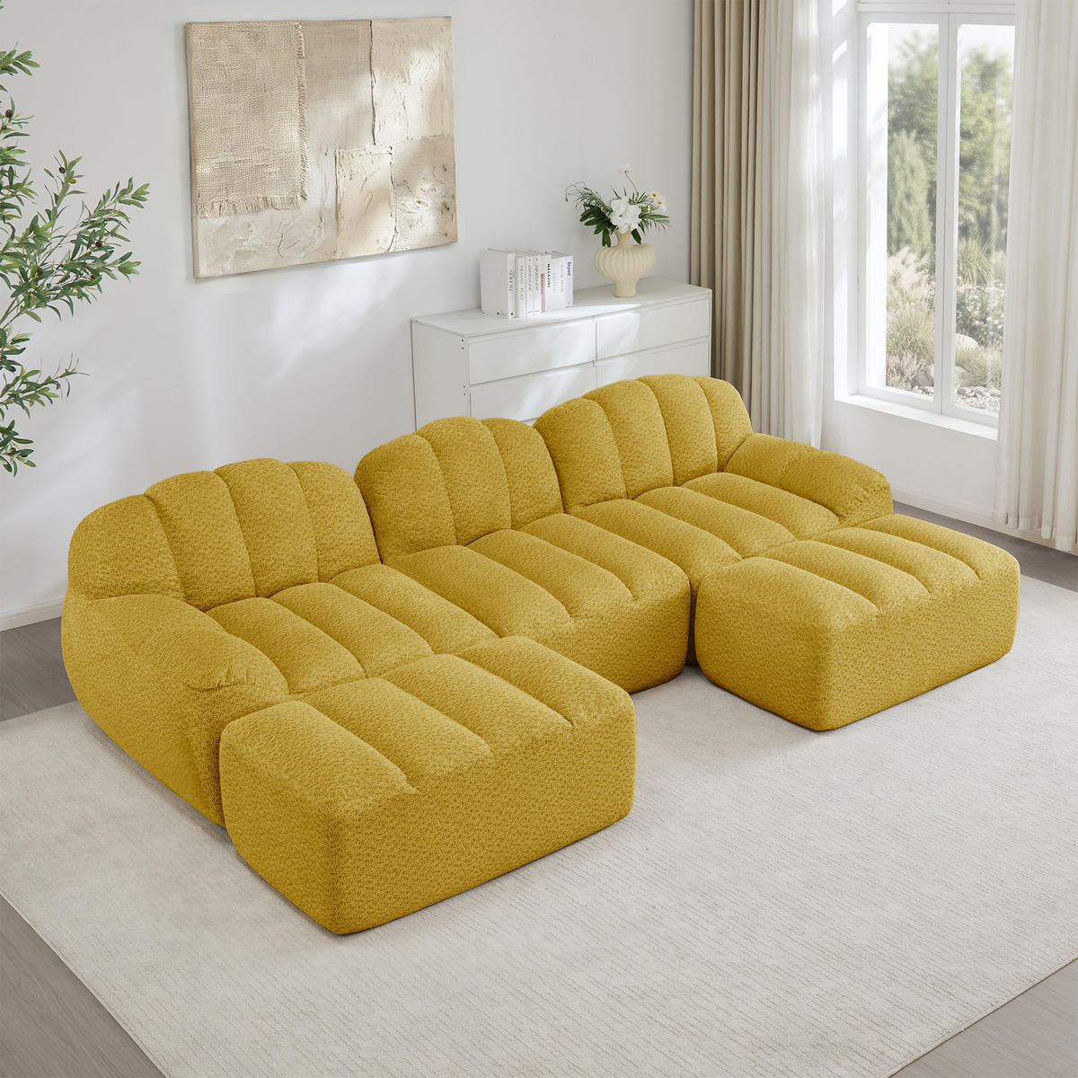 WOHNLANDSCHAFT Granulierter Fleece Gelb mit Ottomanen - Gelb, Textil (188/79/165cm) - WISHDOR