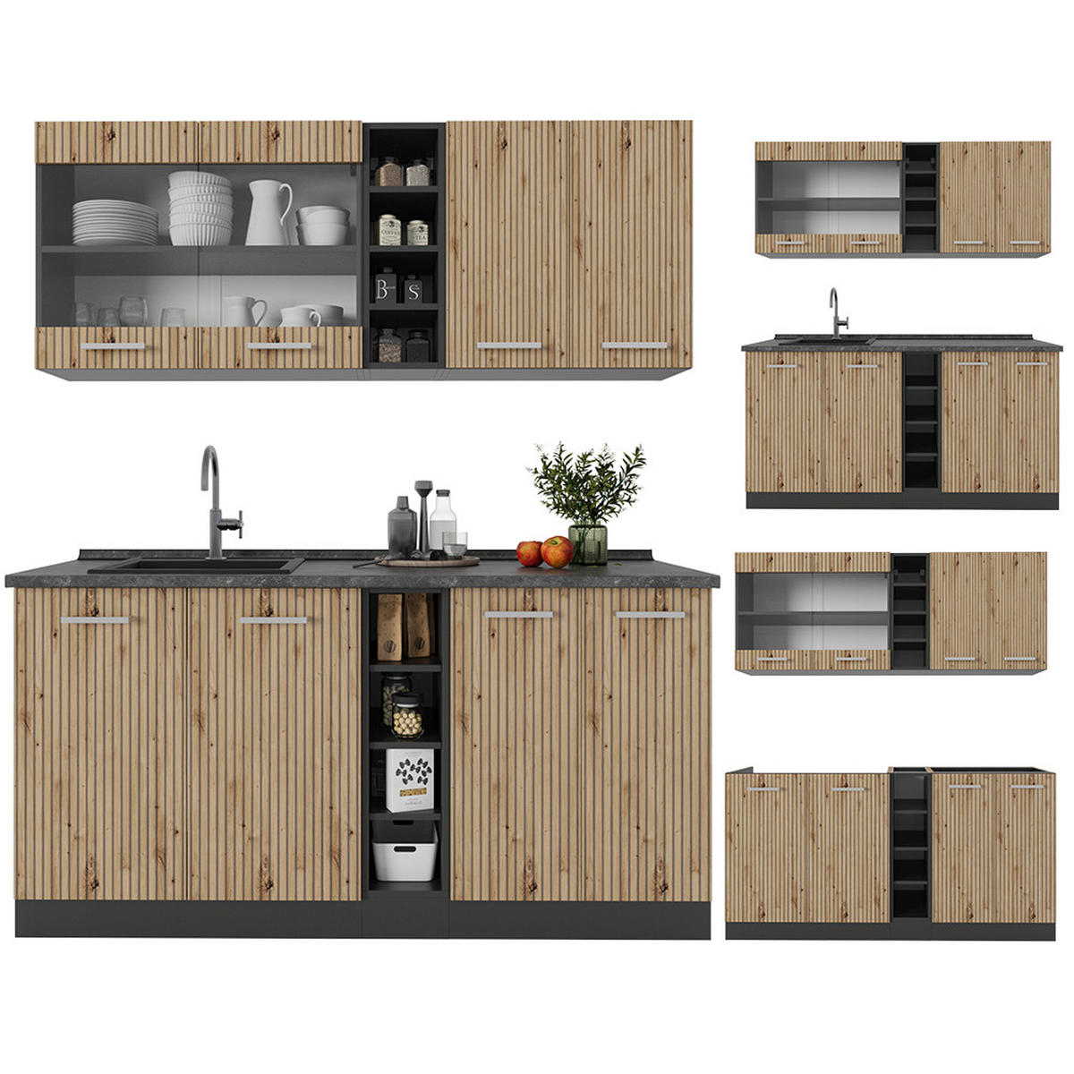 SINGLEKÜCHE R-Line Artisan Eiche/Anthrazit 160 cm, AP Marmor - Anthrazit/Eiche Artisan, Holzwerkstoff (160/81.6/60cm) - Vicco