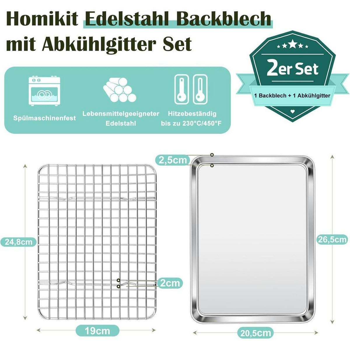 BACKBLECH mit Auskühlgitter Set Edelstahl 26,5 x 20,5 cm - Silberfarben, Metall (20.5/2.5/26.5cm)