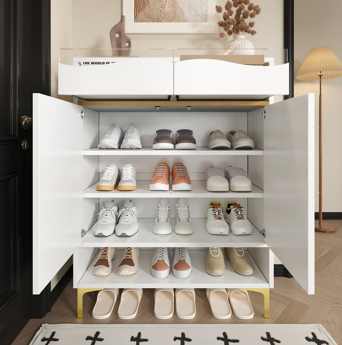 SCHUHSCHRANK 80/35/105 cm in Weiß mit 2 Schubladen, LED-Licht und goldfarbenen Füßen - Weiß, Holzwerkstoff (80/105/35cm) - BEAOK