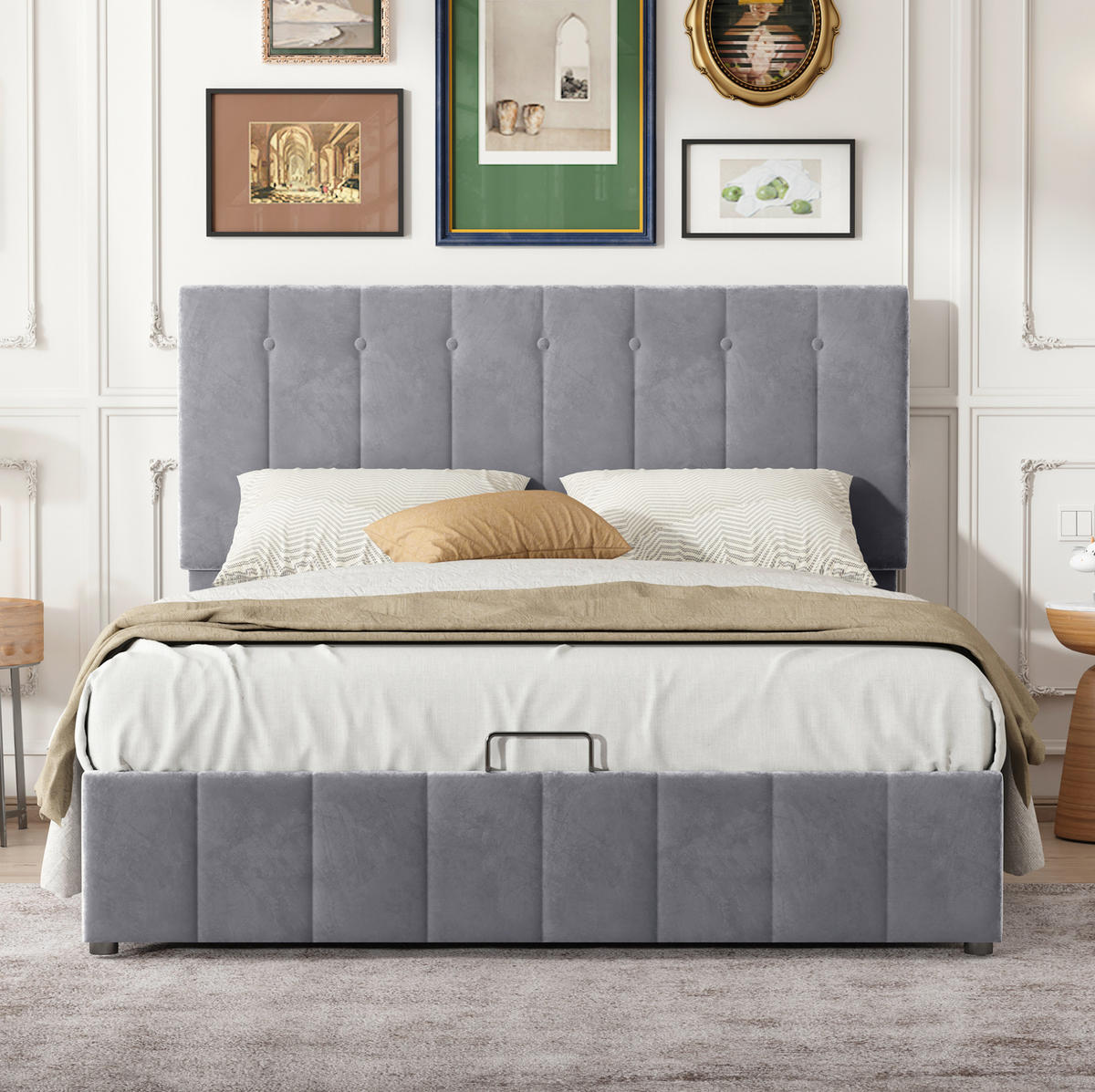 ČALÚNENÁ posteľ z MDF, kovu a zamatu 203x140x106 cm sivá s hydraulickým úložným priestorom a lamelovým roštom - sivá, textil (140/200cm) - Modfu