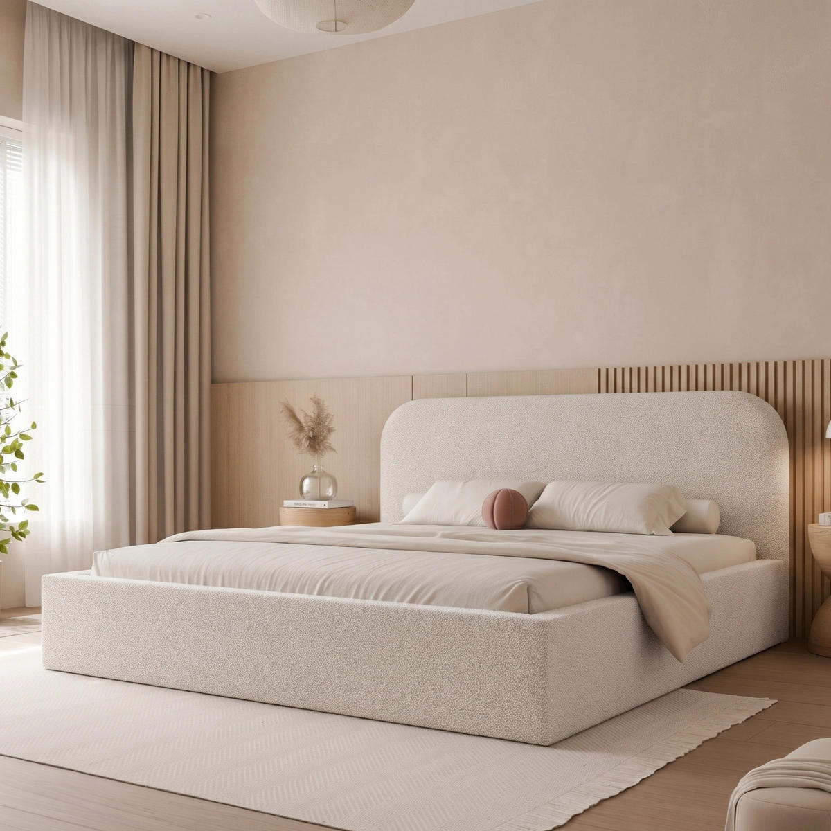 POLSTERBETT FUZZI 180x200 cm Kaltes Beige Bouclé (Stoff Now or Never) - mit Bettkasten und Lattenrost - Beige, Holzwerkstoff/Textil (180/200cm) - Ravio