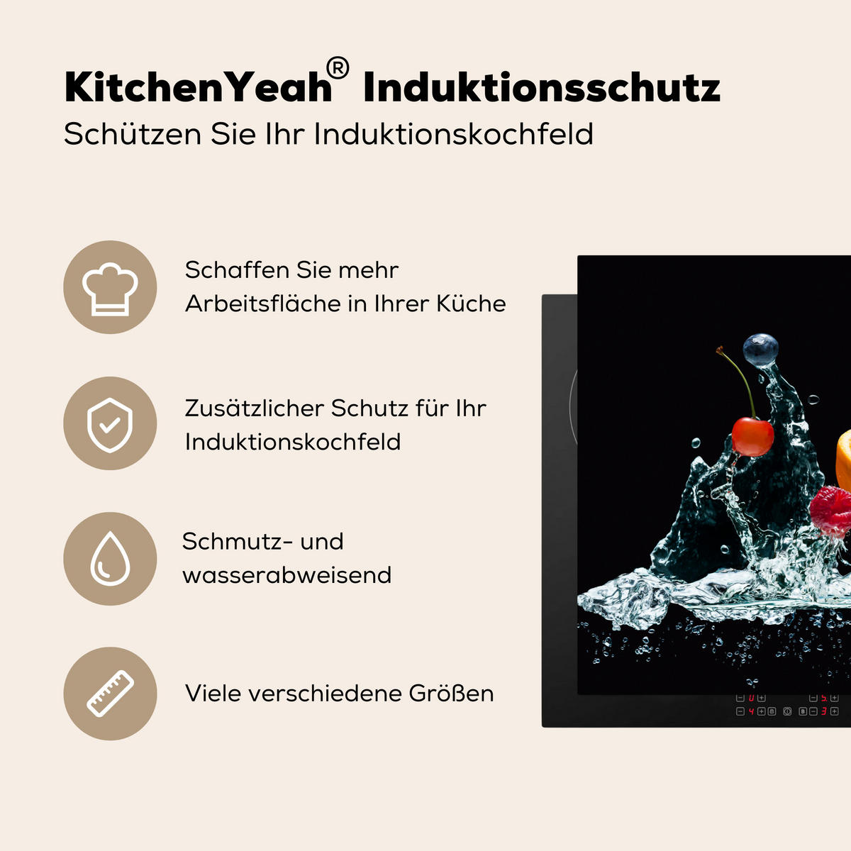 HERDABDECKPLATTE Wasser - Obst - Orange - Erdbeere - Kirsche - Schwarz 77x51 cm - Orange, Kunststoff (77/51/0.2cm) - MuchoWow