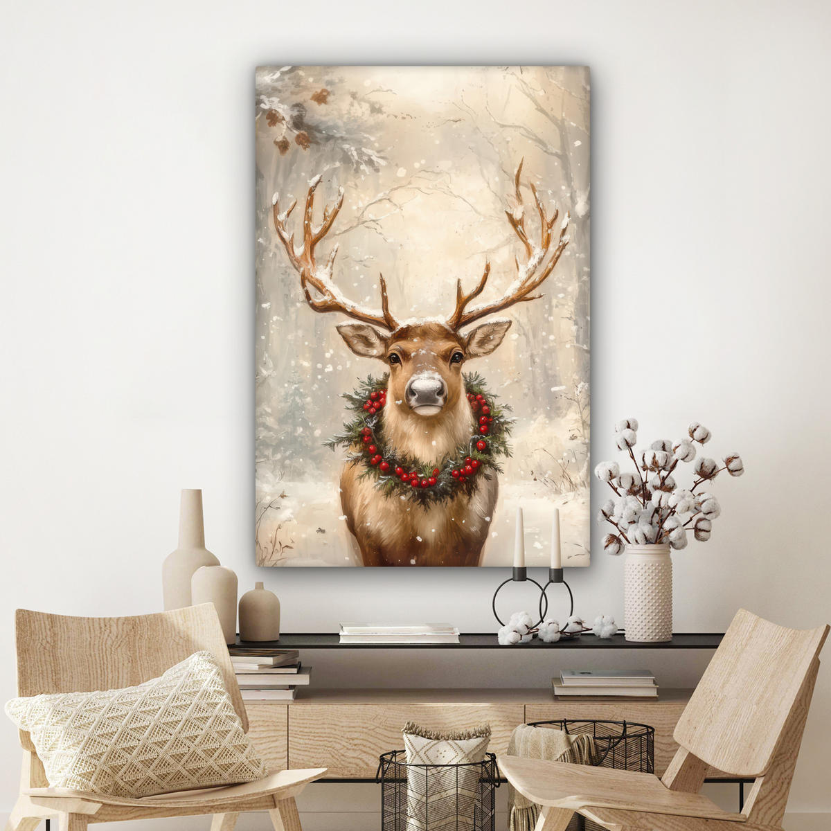 LEINWANDBILD Weihnachten - Rentier - Winter - Kranz Deko Groß 90x140 cm - Braun, Textil (90/140cm) - MuchoWow