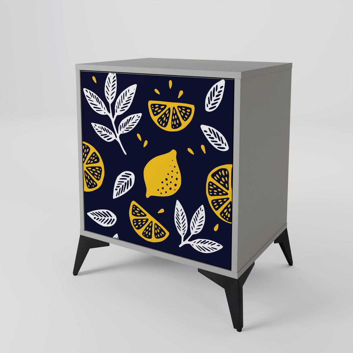 SIDEBOARD CITRUS BLACK AND WHITE, Grau, 57,5x42x67,5 cm, Schwarze Metall-Rahmenfüße - Multicolor/Schwarz, Holzwerkstoff/Metall (57.5/67.5/42cm) - SpaceRebels