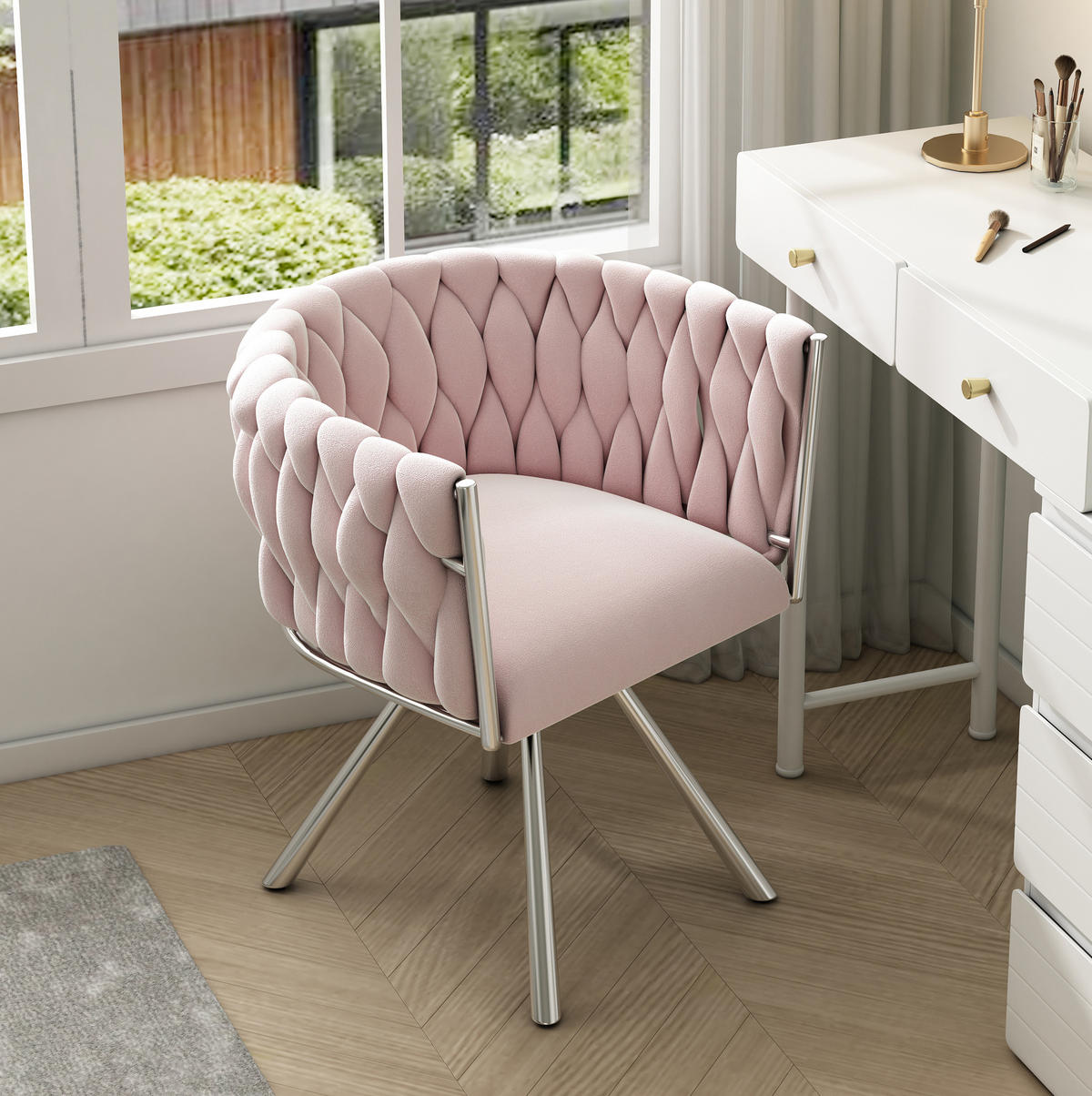 SCHMINKSTUHL drehbar Samt Pink mit Metallgestell - Pink, Metall (54/72/59cm) - Meubliv