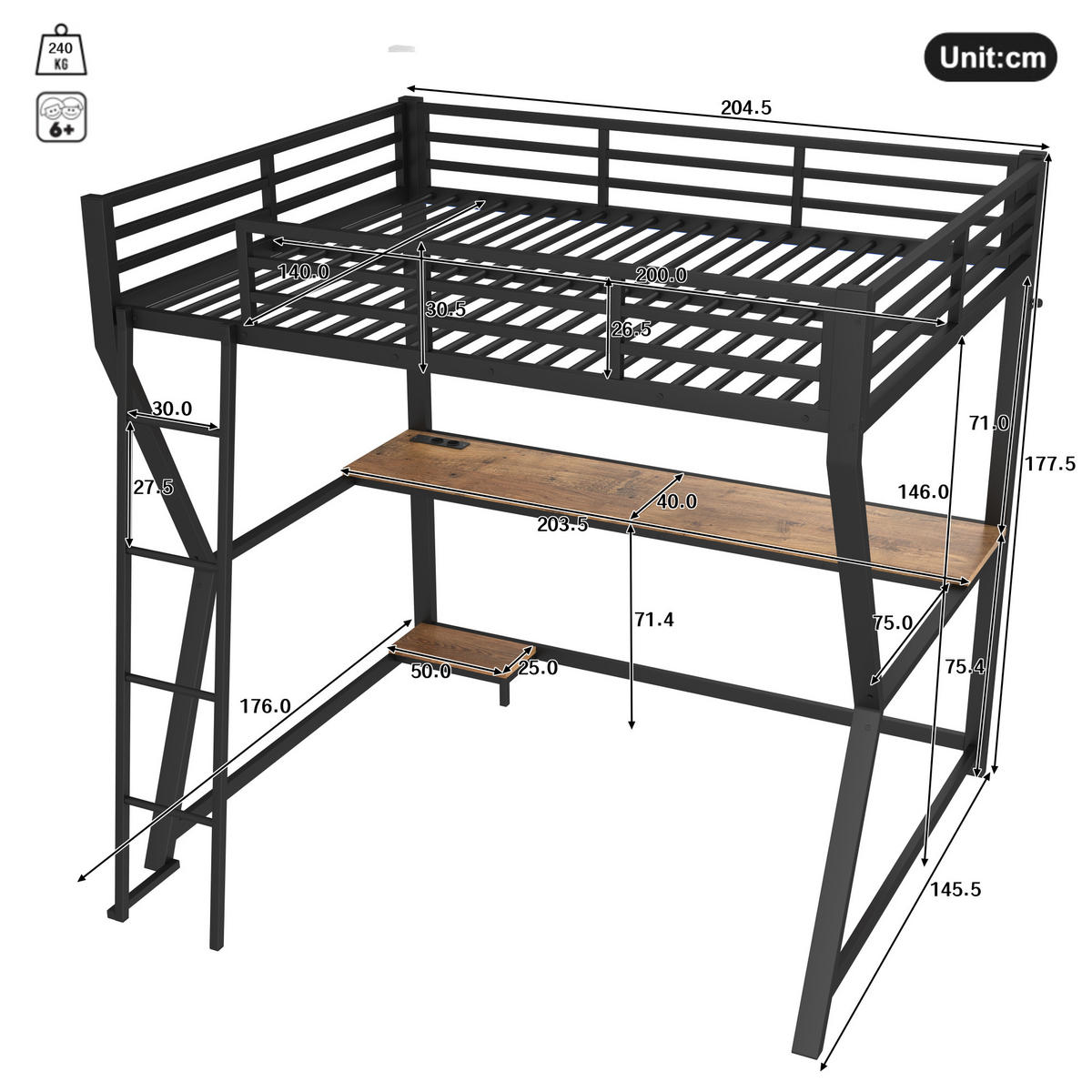 HOCHBETT 140/200 cm aus Metall mit Schreibtisch, LED-Beleuchtung und USB - Schwarz, Metall (140/200cm) - Flora Grace