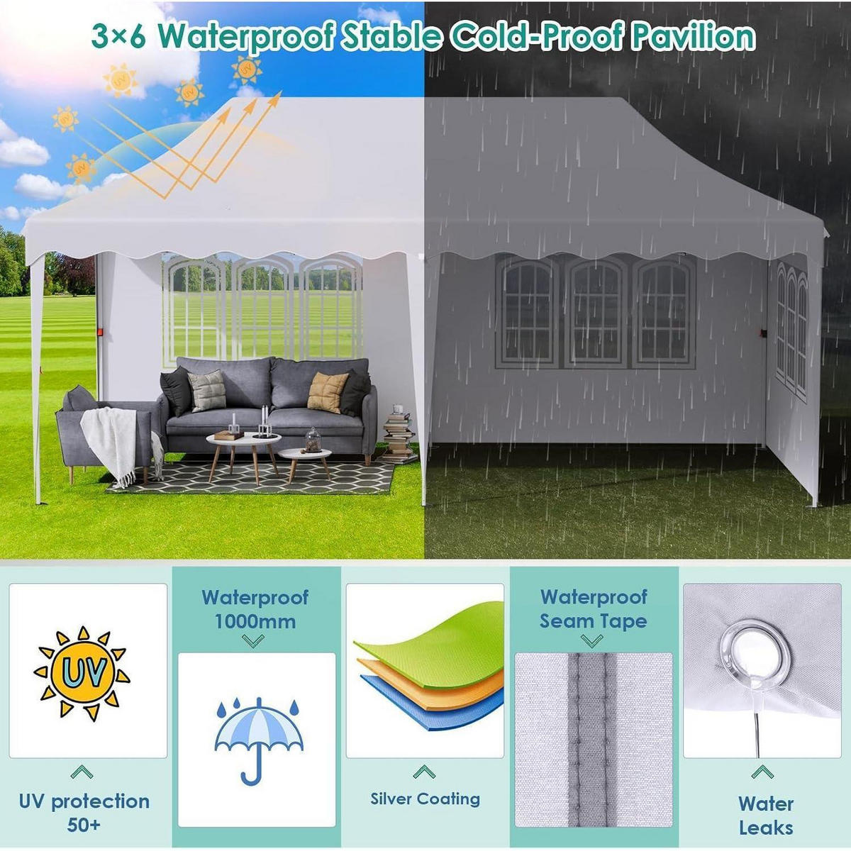 FALTPAVILLON 3x6 m Weiß Wasserdicht mit 6 Seitenwänden - Weiß, Textil (300/310/600cm)