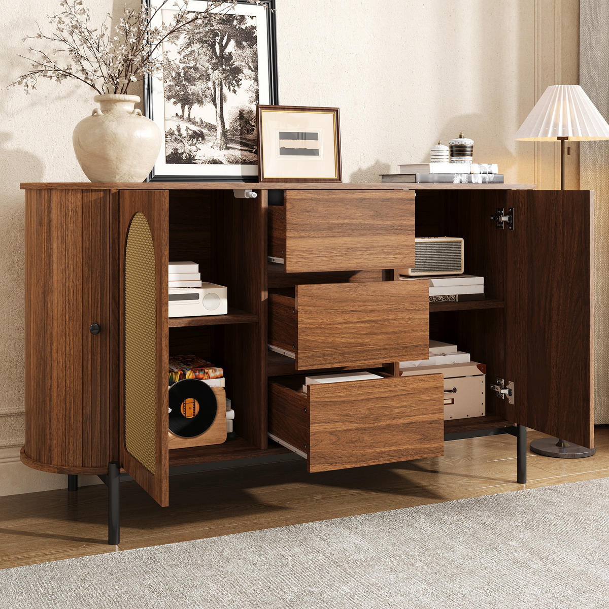 SIDEBOARD in Holzoptik Ovaler Aufbewahrungsschrank mit verstellbare Einlegeböden und Schiebetüren, B140/T38/H77,5(cm) - Schwarz/Braun, Holzwerkstoff/Metall (140/77.5/38cm) - STILVORA