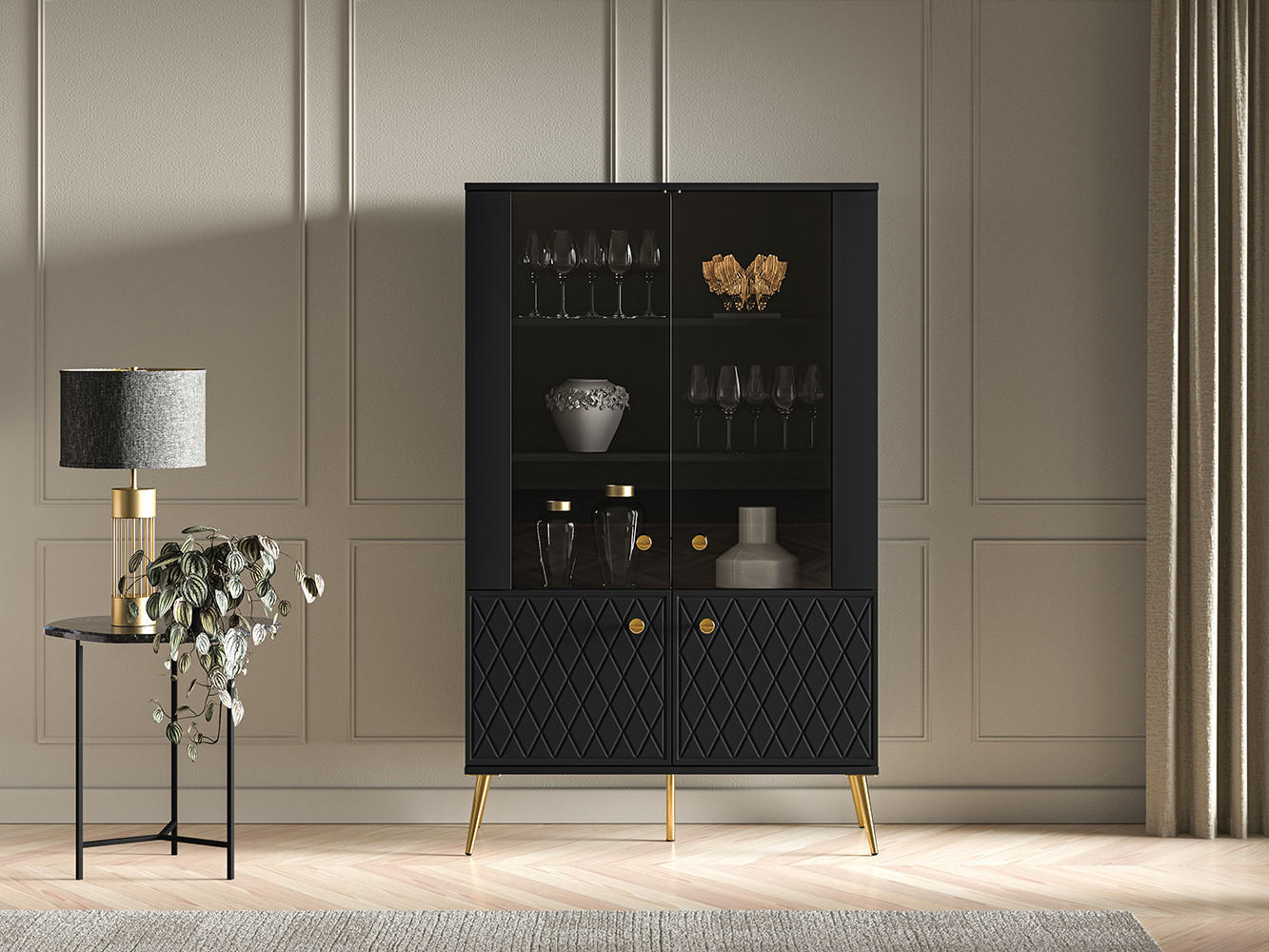 VITRINE Eljot Schwarz Matt / Gold 92 / 40 / 149cm - Goldfarben/Schwarz, Holz/Holzwerkstoff (92/149/40cm) - Feldmann-Wohnen