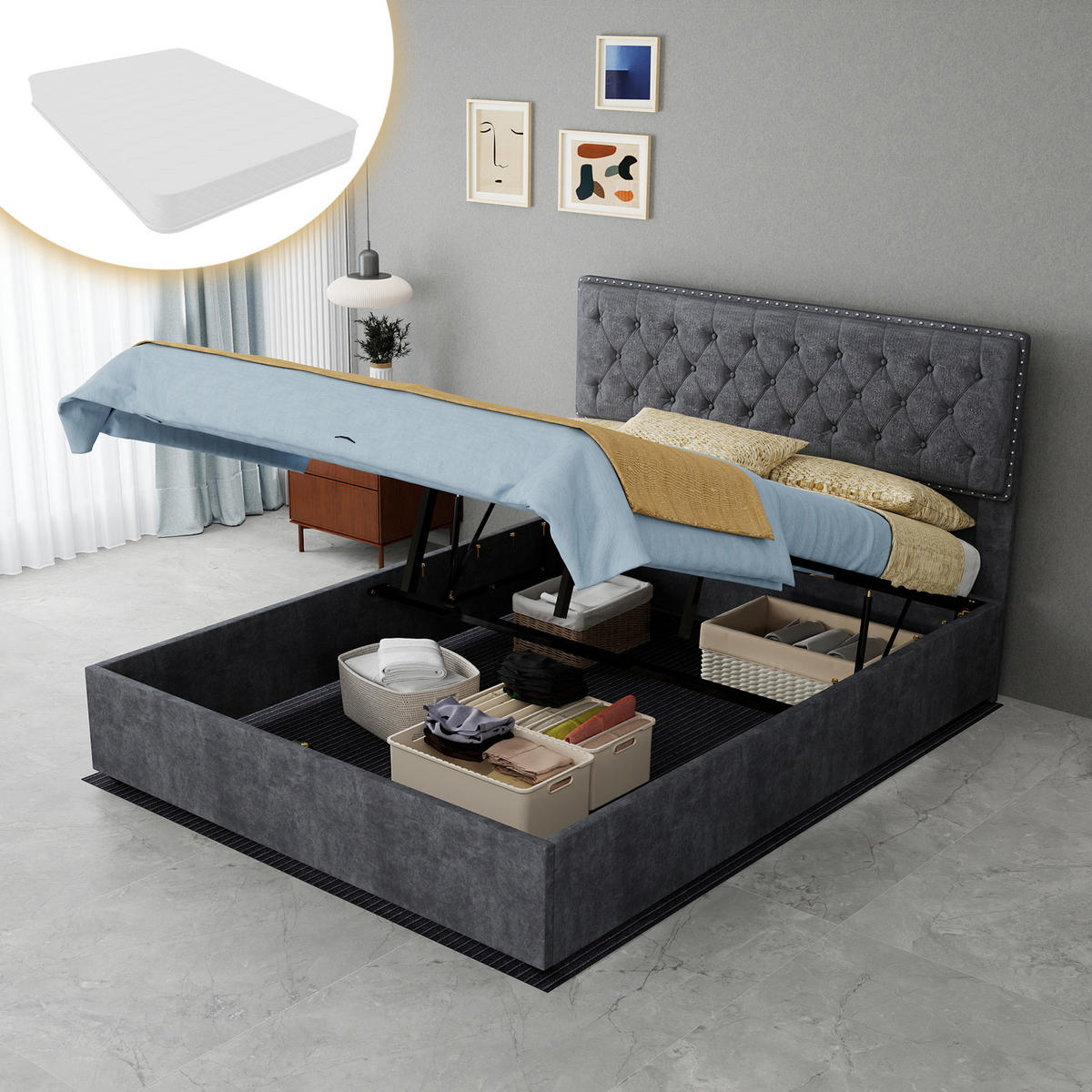 STAURAUMBETT 140/200 cm DE-32967 mit Pneumatik-Stauraum und Matratze Grau - Grau, Metall (140/200cm) - ComfortXL
