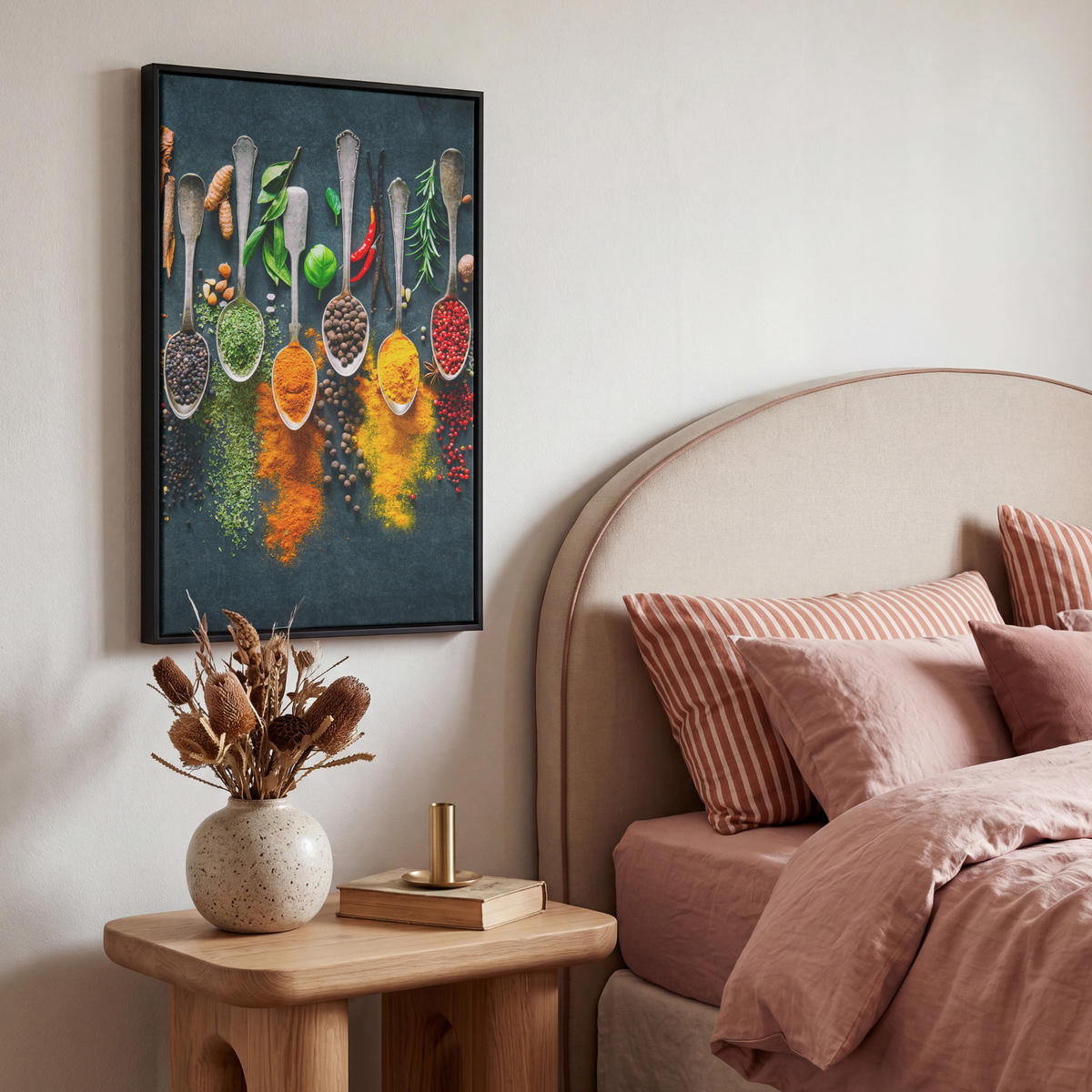 LEINWAND Bilder mit Rahmen - Kräuter - Gewürze - Löffel - 40x60 - Currygelb, Textil (40/60cm) - MuchoWow