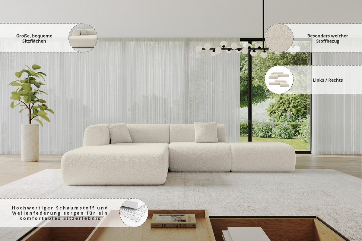 ECKSOFA Ottomane Links OVLY-L 289x176x71 Beige Bouclé - Sandfarben/Beige, Holzwerkstoff/Kunststoff (176/289cm) - ALTDECOR