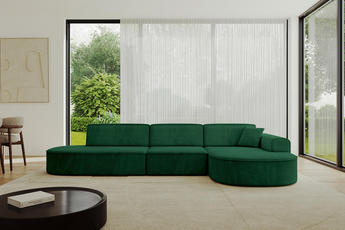 ECKSOFA Ottomane Rechts MARI-L2 - 328x171x79 cm Dunkelgrün Velours - Dunkelgrün/Schwarz, Holzwerkstoff/Kunststoff (171/328cm) - ALTDECOR