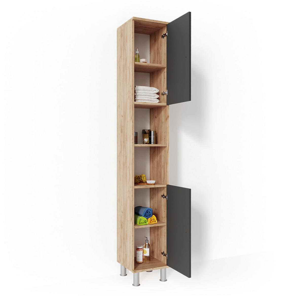 BADSCHRANK Fynn Eiche 30 x 190 cm - Eichefarben/Anthrazit, Holzwerkstoff (30/190/30cm) - Vicco