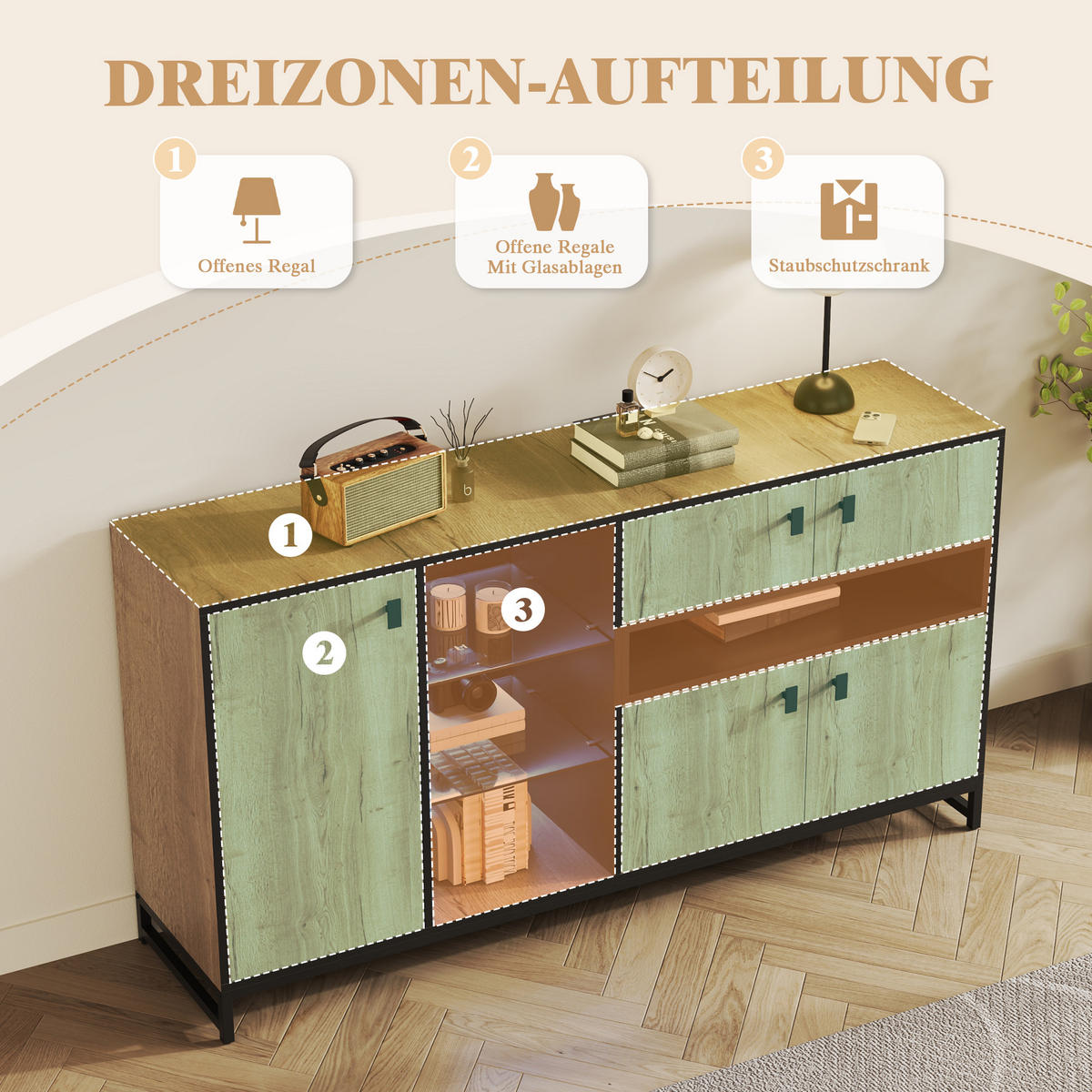 SIDEBOARD in Naturfarbe Anrichte mit Doppeltüren und Glasböden für Wohnzimmer, Esszimmer und Büro, B160/T40/H84.5 cm - Schwarz/Naturfarben, Glas/Holzwerkstoff (160/84.5/40cm) - STILVORA