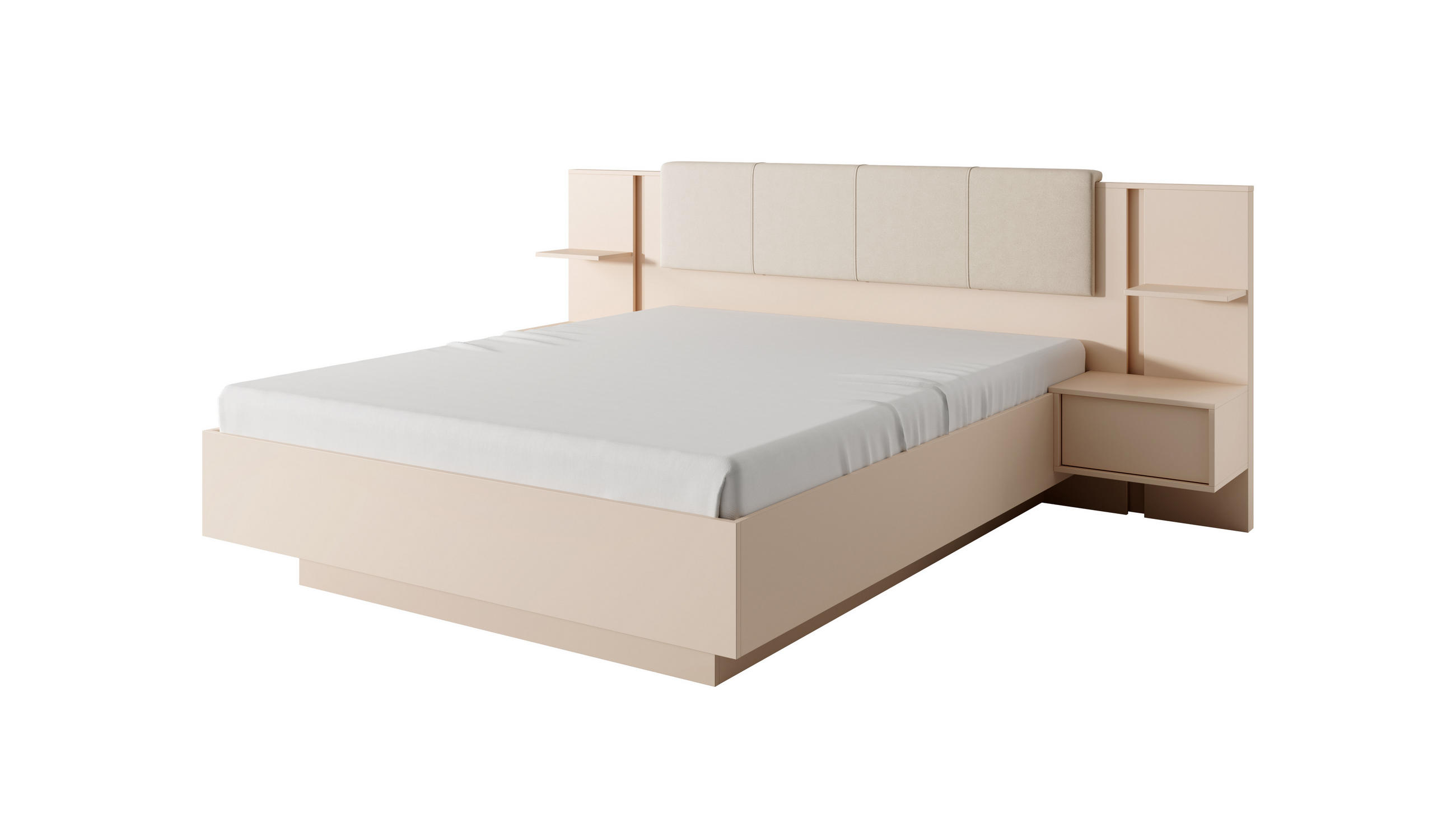 BETT Holen Beige, mit Bettzeugablage und Nachttische - Beige, Holzwerkstoff - Bettso