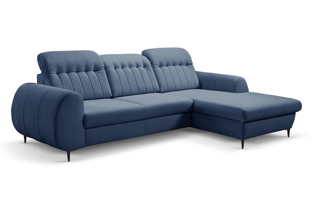 ECKSOFA PURO R-S Dunkelblau Plüsch-Stoff mit Schlaffunktion - Dunkelblau, Holz (275/166cm) - MASSENO
