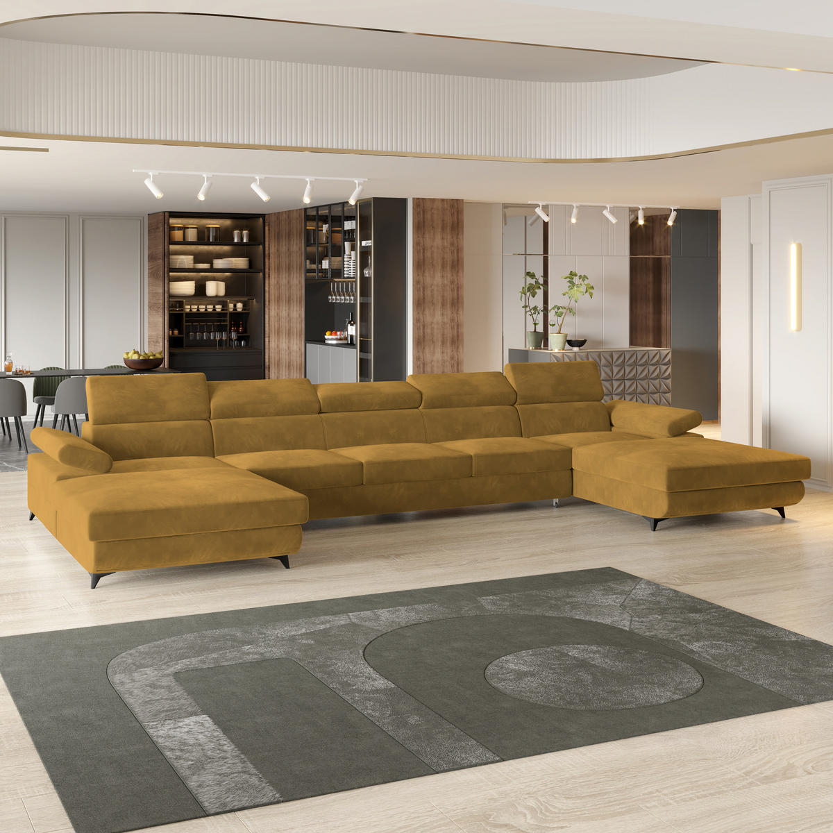 WOHNLANDSCHAFT VIVENTE Gelb Velours-Stoff mit Schlaffunktion - Gelb, Holz (410/89/190cm) - MASSENO