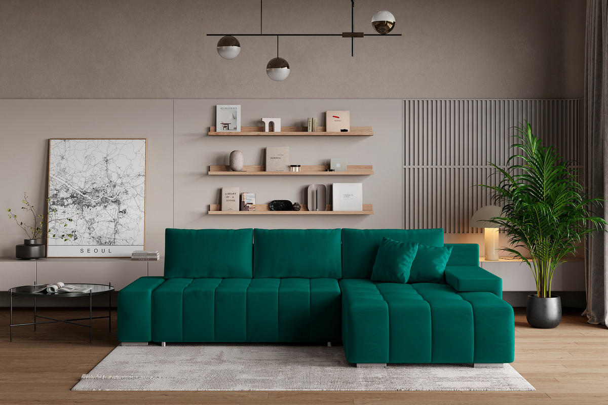 ECKSOFA ALESE R-S Grün Velours-Stoff mit Schlaffunktion - Grün, Holz (265/185cm) - MASSENO