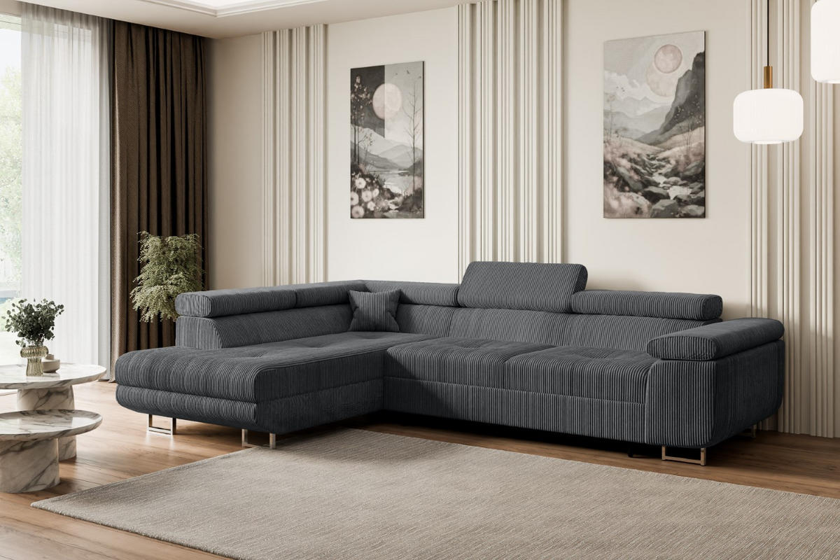 ECKSOFA mit Schlaffunktion und Bettkasten GUSA-L 272x202x107 cm Grau Cord - Dunkelgrau/Silberfarben, Holzwerkstoff/Textil (202/272cm) - ALTDECOR