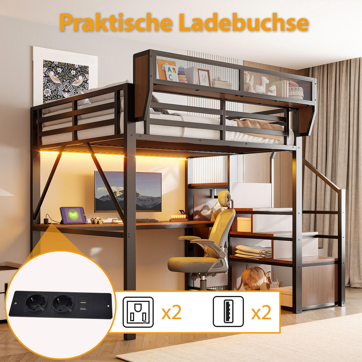 HOCHBETT 140/200 cm in Schwarz mit LED-Lichtleiste, Schreibtisch, Sicherheitsleiter und Stauraum - Schwarz, Metall (140/200cm) - STILVORA