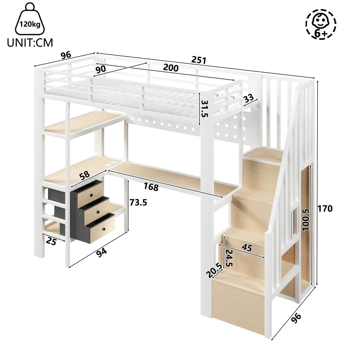 HOCHBETT 90/200 cm aus Metall und MDF mit Schreibtisch, Schubladen, Lochwand, Steckdose und LED, Weiß - Weiß, Holzwerkstoff (90/200cm) - Redom