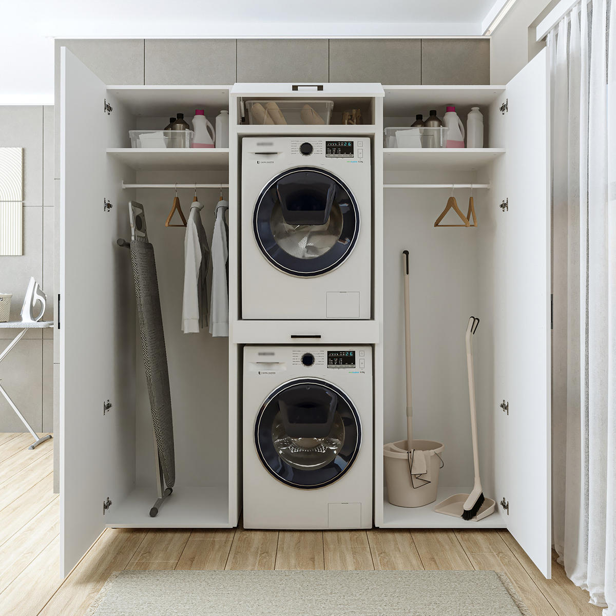 WASCHMASCHINENSCHRANK DUO-I 187cm Breit, 205cm Hoch - Weiß, Holzwerkstoff (187/205/67cm)