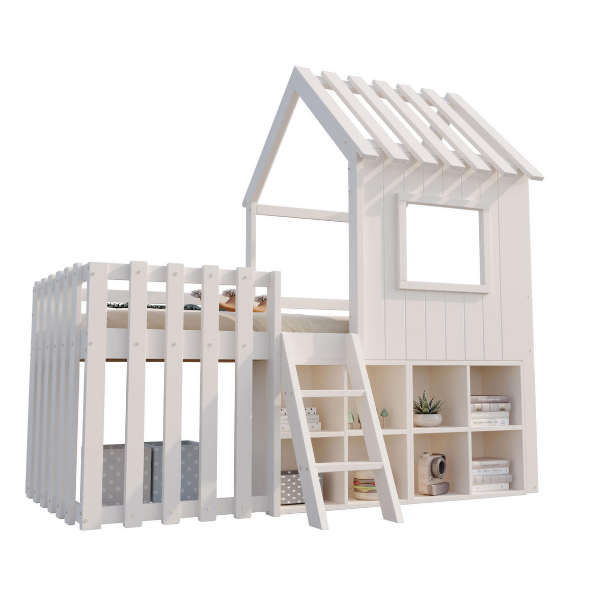 DOMČEKOVÁ posteľ 90/200 cm biela s úložným priestorom a oknami z masívneho dreva - biela, drevo (90/200cm) - OKWISH