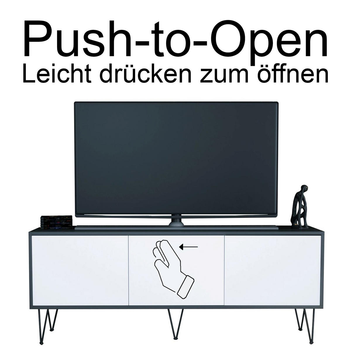 TV-BOARD Elisa, Lowboard mit Push-to-Open, Made in Germany, Moderner Fernsehschrank, Anthrazit matt/Weiß matt (152,5 x 60,5 x 37 cm) - Weiß, Holzwerkstoff (152.5/60.5/37cm) - InnoFurn