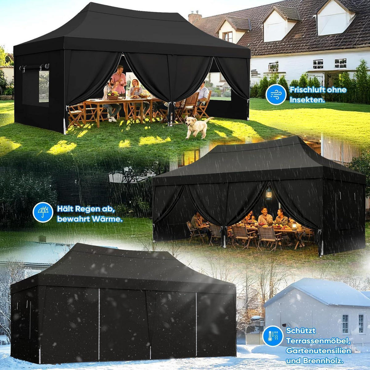 FALTPAVILLON 3x6m wasserdicht mit Seitenwänden UV-Schutz 50+ Stahlrahmen Schwarz - Schwarz, Textil (585/310/293cm)