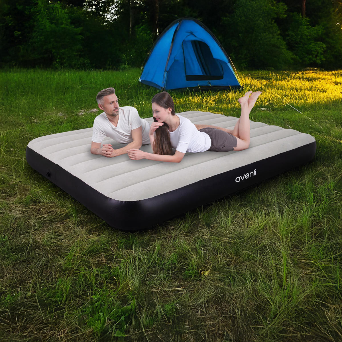 LUFTBETT Luftmatratze Camping 2 Personen 203x152x25cm grau aufblasbar ohne Pumpe - Schwarz/Grau, Kunststoff (152/203cm) - Avenli