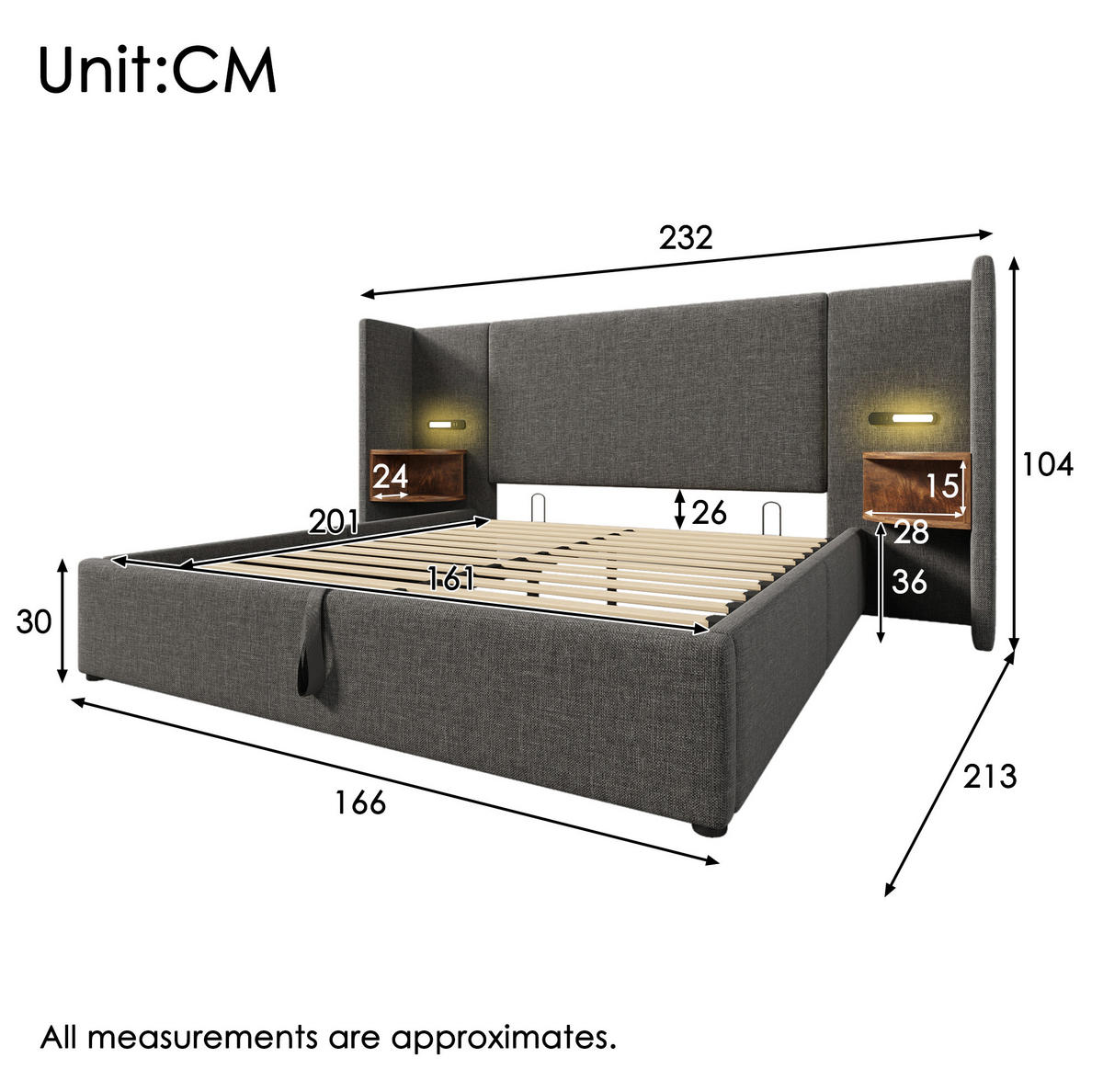 POLSTERBETT mit Stauraum 160x200 cm Leinen Grau mit Matratze - Grau, Metall (160/200cm) - Meubliv