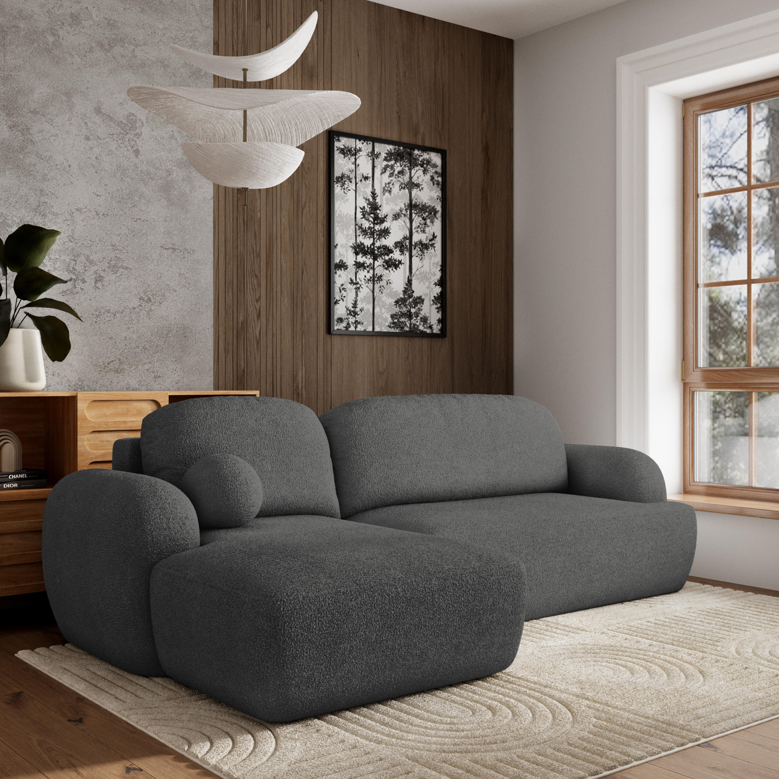 ECKSOFA MODENZA N L-S Grau Boucle-Stoff mit Schlaffunktion - Grau, Holz (266/148cm) - MASSENO