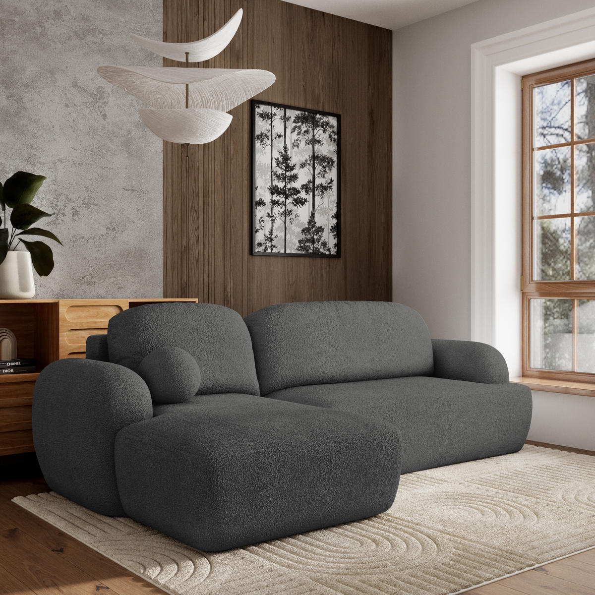 ECKSOFA MODENZA N L-S Grau Boucle-Stoff mit Schlaffunktion - Grau, Holz (266/148cm) - MASSENO