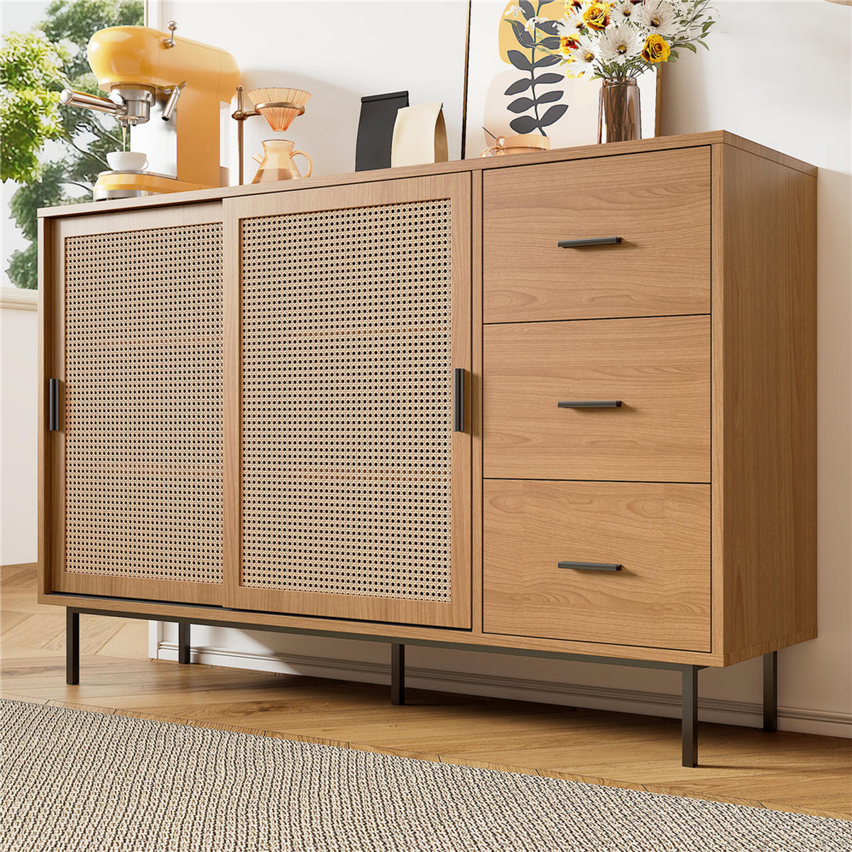 SIDEBOARD 140x91x37 cm Buffetschrank Schiebetüren 3 Schubladen - Naturfarben, Holz (140/91/37cm) - Kaket