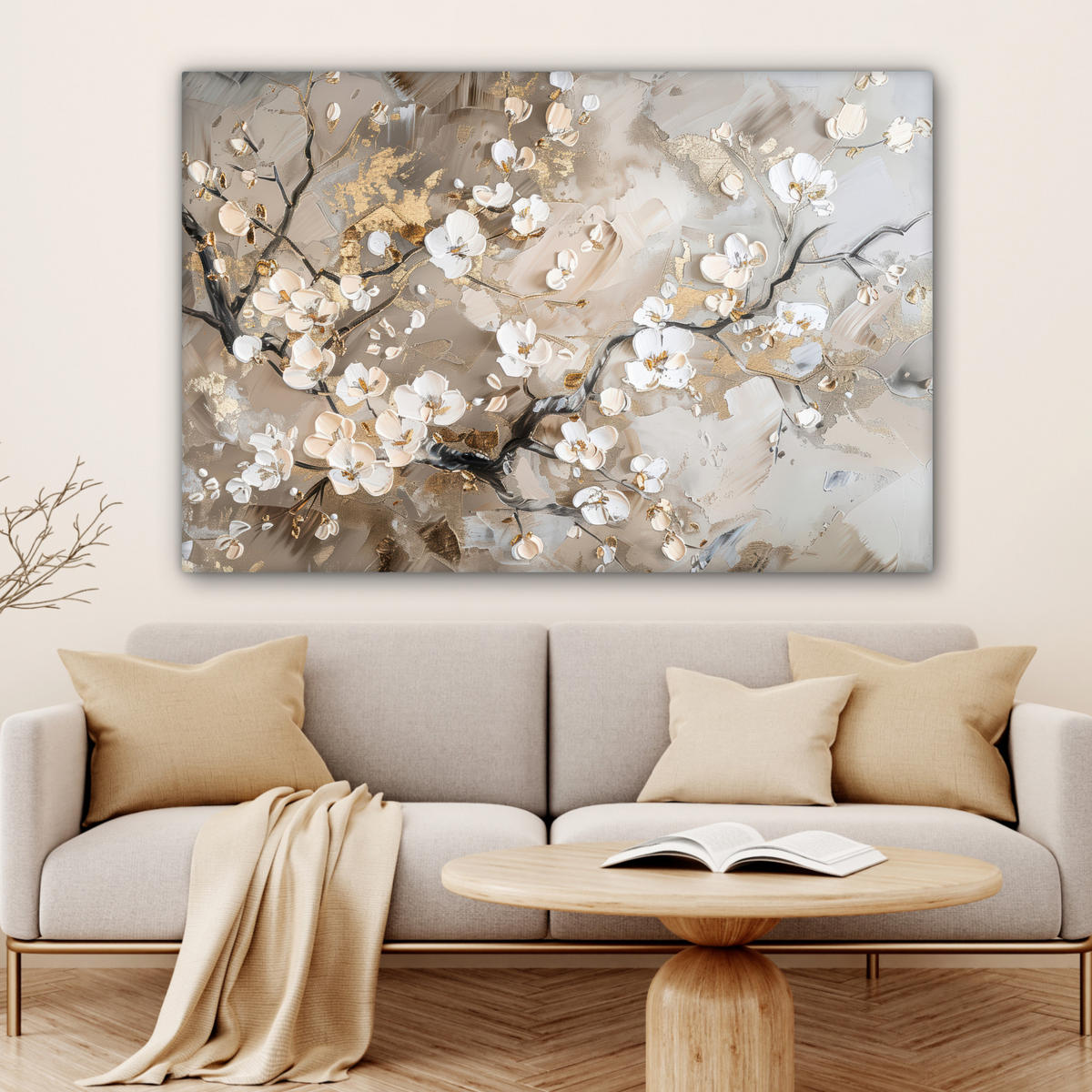 OBRAZ NA PLÁTNE Kvety - biela - zlatá - béžová - luxusná 120x80 cm - sivobéžová, textil (120/80cm) - MuchoWow