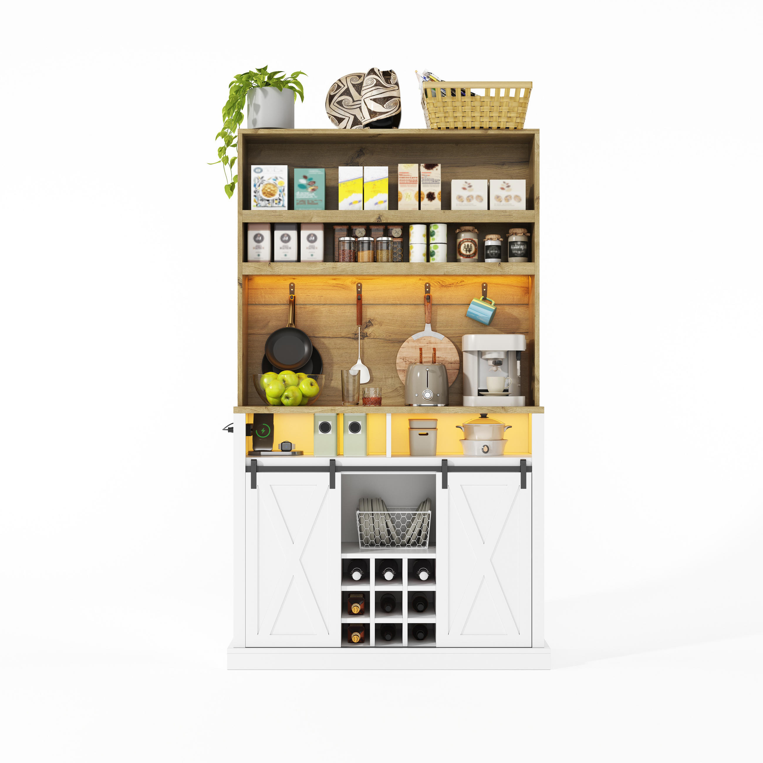 BUFFET 191 cm MDF Natur Weiß mit RGB-LED, USB-Anschluss und Weinregal - Weiß, Holzwerkstoff (40/191/110cm) - Korfee